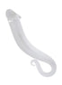 Lucent polar curved glass massager with a smooth, transparent design and a spiral tail for ergonomic use.