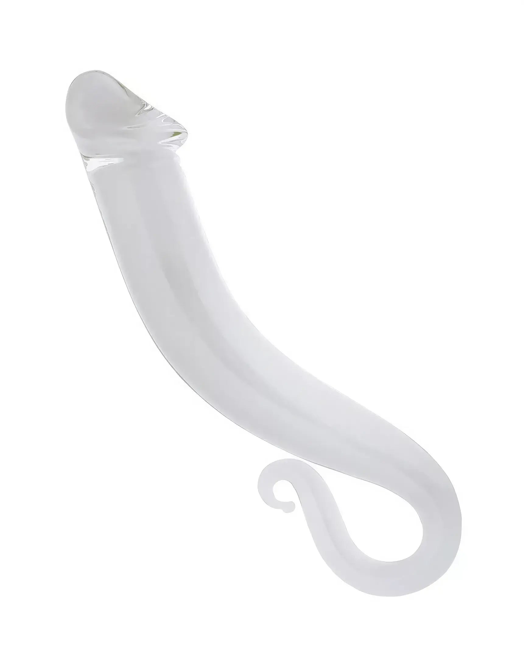 Lucent polar curved glass massager with a smooth, transparent design and a spiral tail for ergonomic use.
