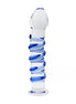 Lucent twirl glass massager with a clear body and blue spiral design, featuring a rounded tip and a stable base.