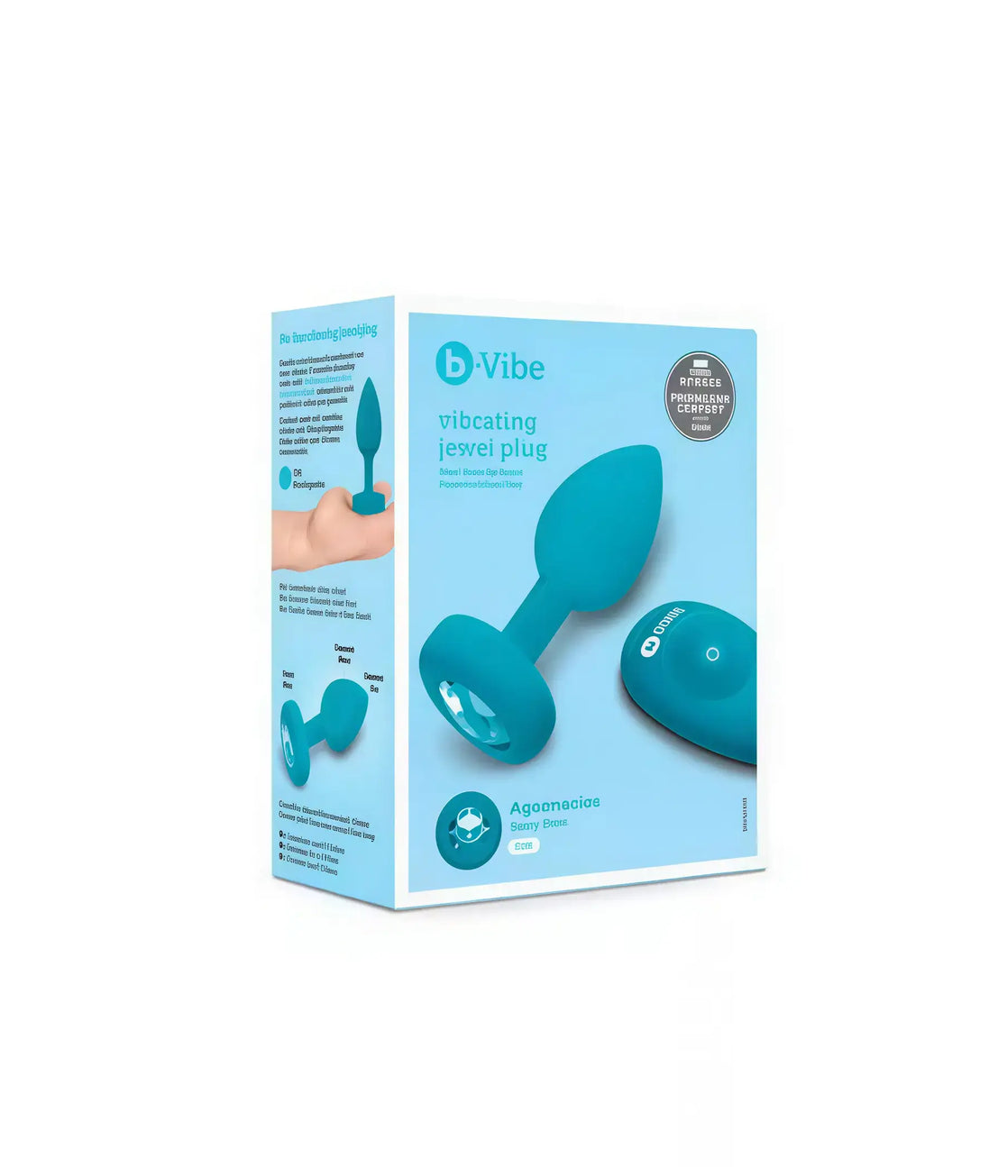 B-Vibe vibrating jewel plug in teal packaging with a remote control and product details visible on the box.