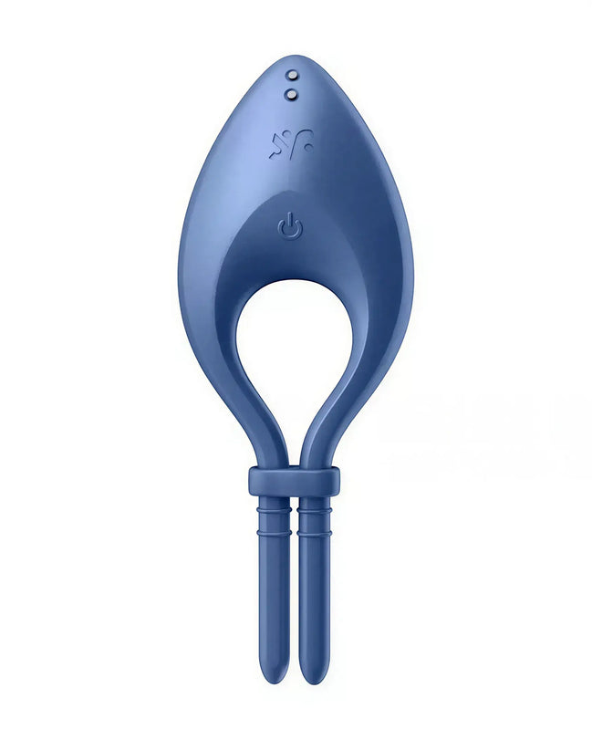 Satisfyer Bullseye adjustable cock ring in blue silicone with a smooth surface and two adjustable arms.