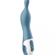 Satisfyer A-Mazing 1, a blue silicone vibrator with a curved design and control buttons on the white base.