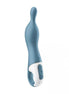 Satisfyer A-Mazing 1, a blue silicone vibrator with a curved design and control buttons on the white base.