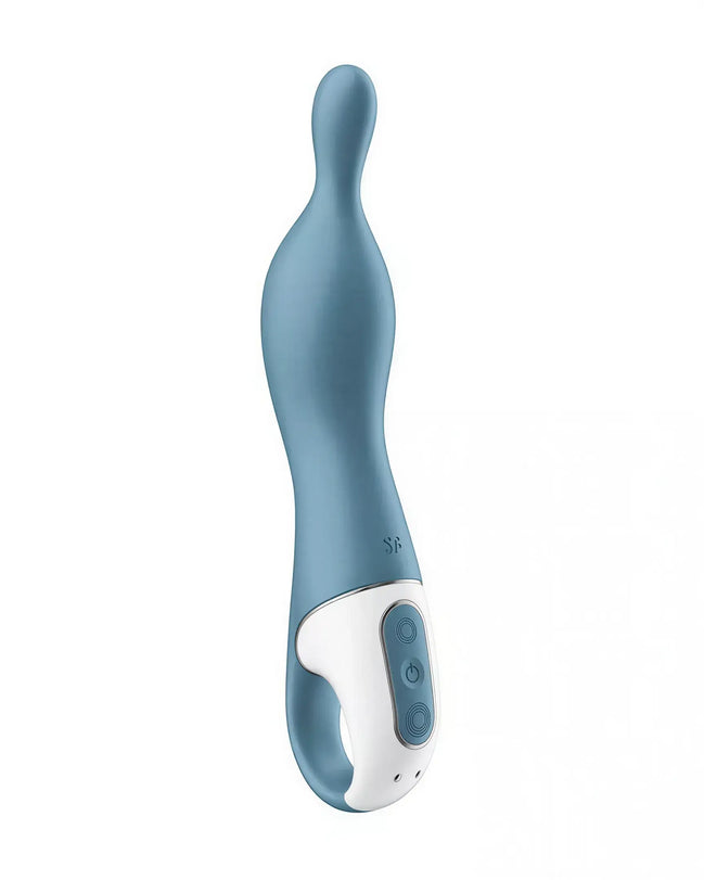 Satisfyer A-Mazing 1, a blue silicone vibrator with a curved design and control buttons on the white base.