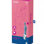 Satisfyer A-Mazing 1 packaging in pink and blue, featuring a line drawing of a woman's face and product details.