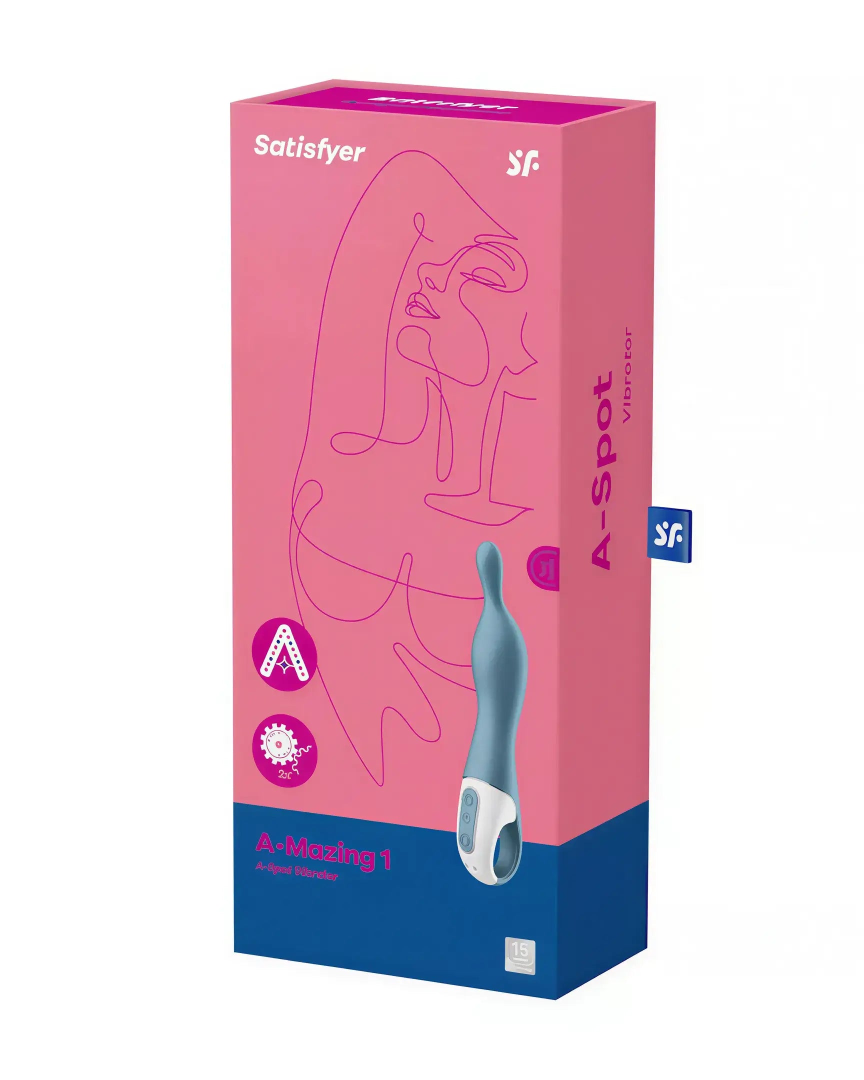 Satisfyer A-Mazing 1 packaging in pink and blue, featuring a line drawing of a woman's face and product details.