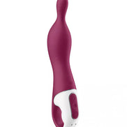 Satisfyer A-Mazing 1 in deep burgundy with a curved design and white control panel, featuring two buttons.