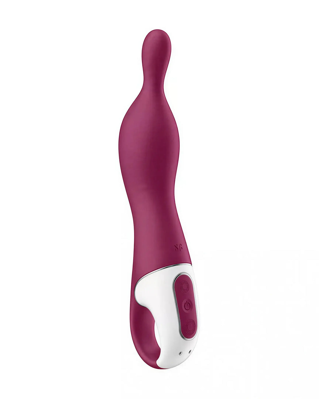 Satisfyer A-Mazing 1 in deep burgundy with a curved design and white control panel, featuring two buttons.