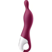 Satisfyer A-Mazing 1 in burgundy with a curved design and white base, featuring a finger loop for easy handling.
