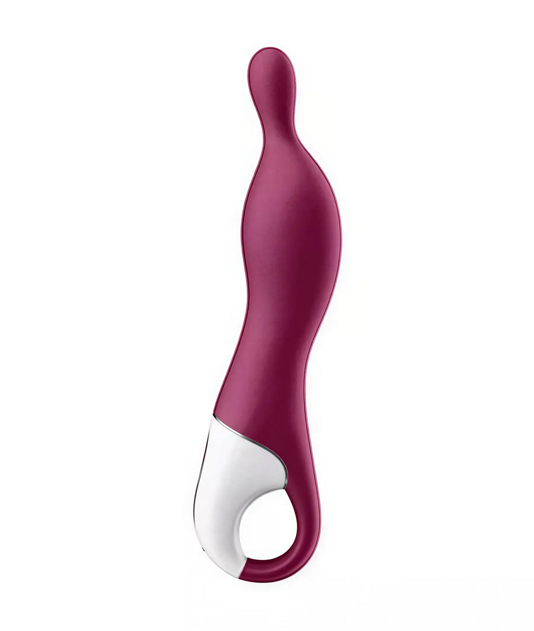 Satisfyer A-Mazing 1 in burgundy with a curved design and white base, featuring a finger loop for easy handling.