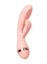 Vush Muse Rabbit Vibrator in soft pink with a gold band and dual stimulation design, angled view showcasing its shape.