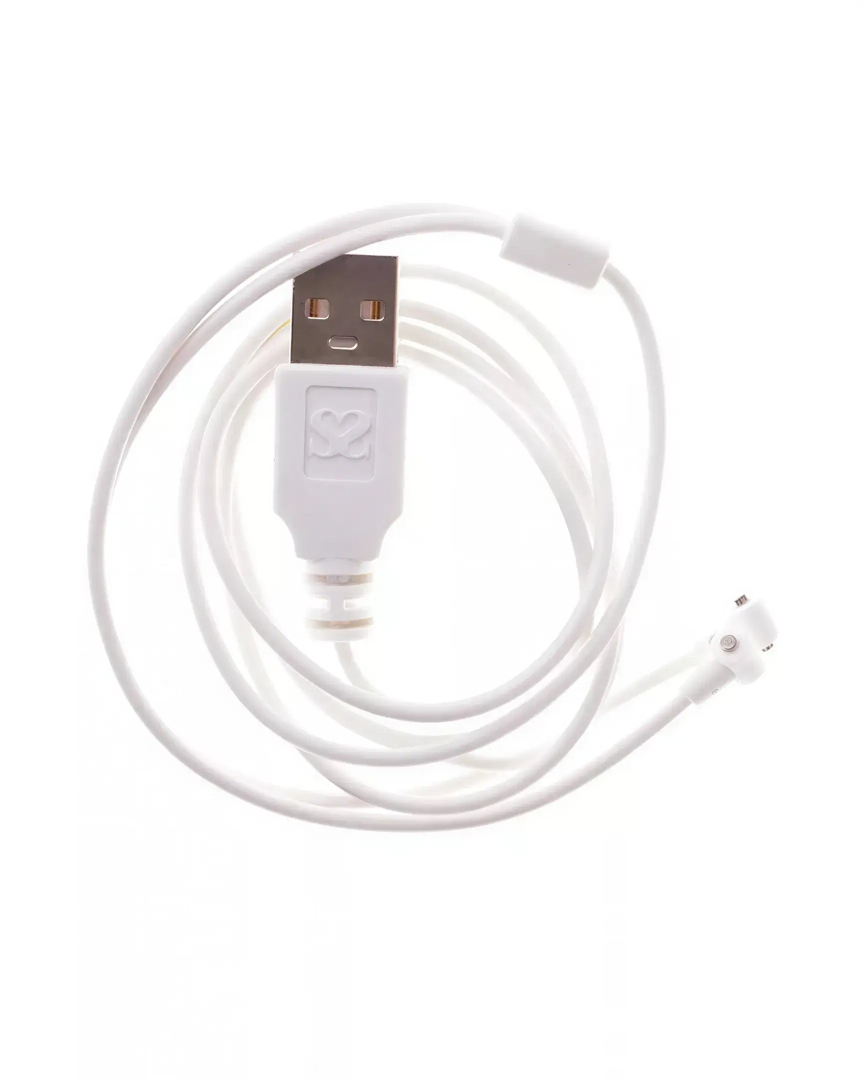 White USB universal magnetic charge lead with a USB connector and magnetic tips, coiled for easy storage.