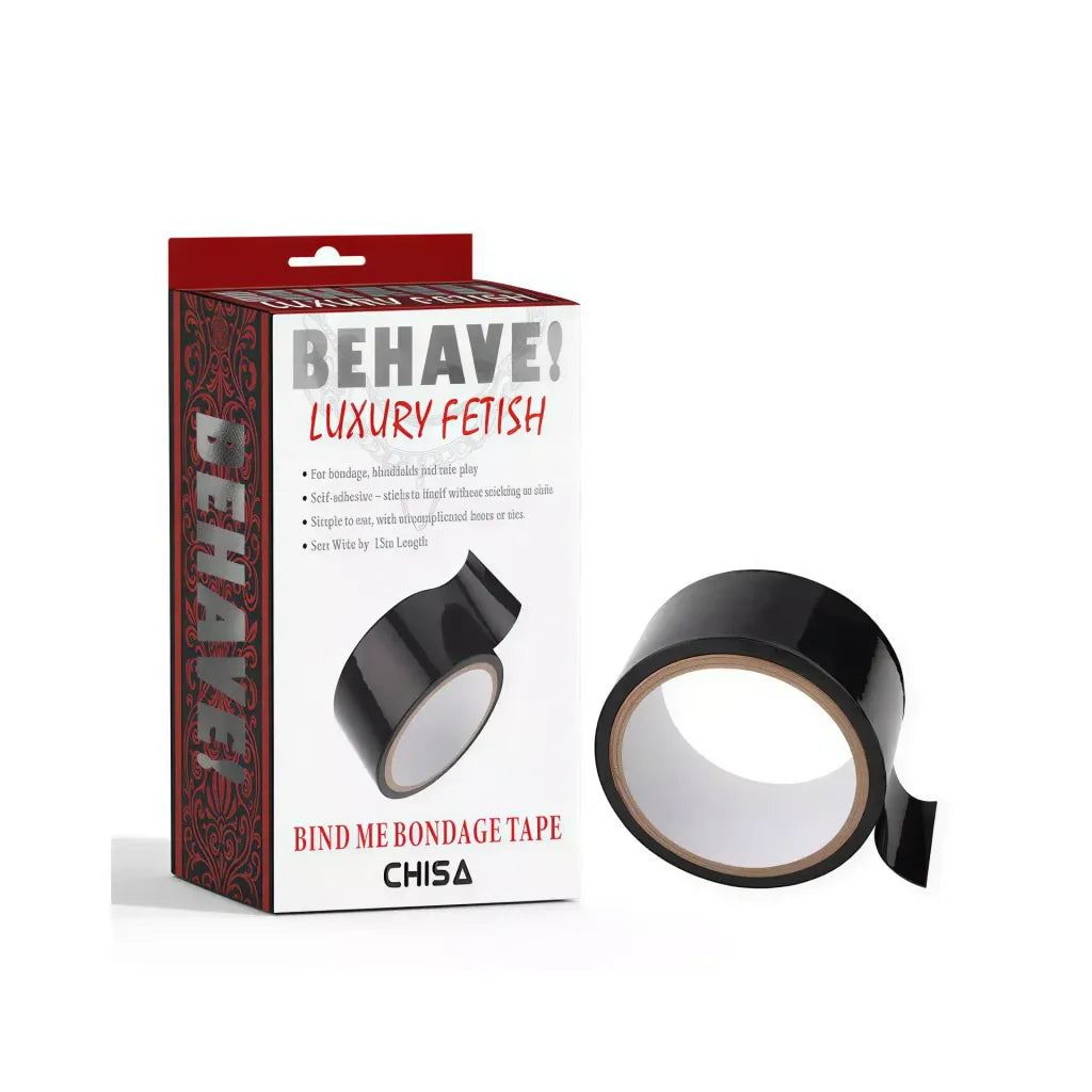 Behave Bind Me bondage tape in a black roll, displayed with packaging, featuring a 15m length for versatile use.