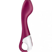 Satisfyer Hot Spot in deep burgundy with a curved design and a white base, featuring a handle for easy grip.