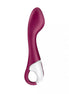 Satisfyer Hot Spot in deep burgundy with a curved design and a white base, featuring a handle for easy grip.