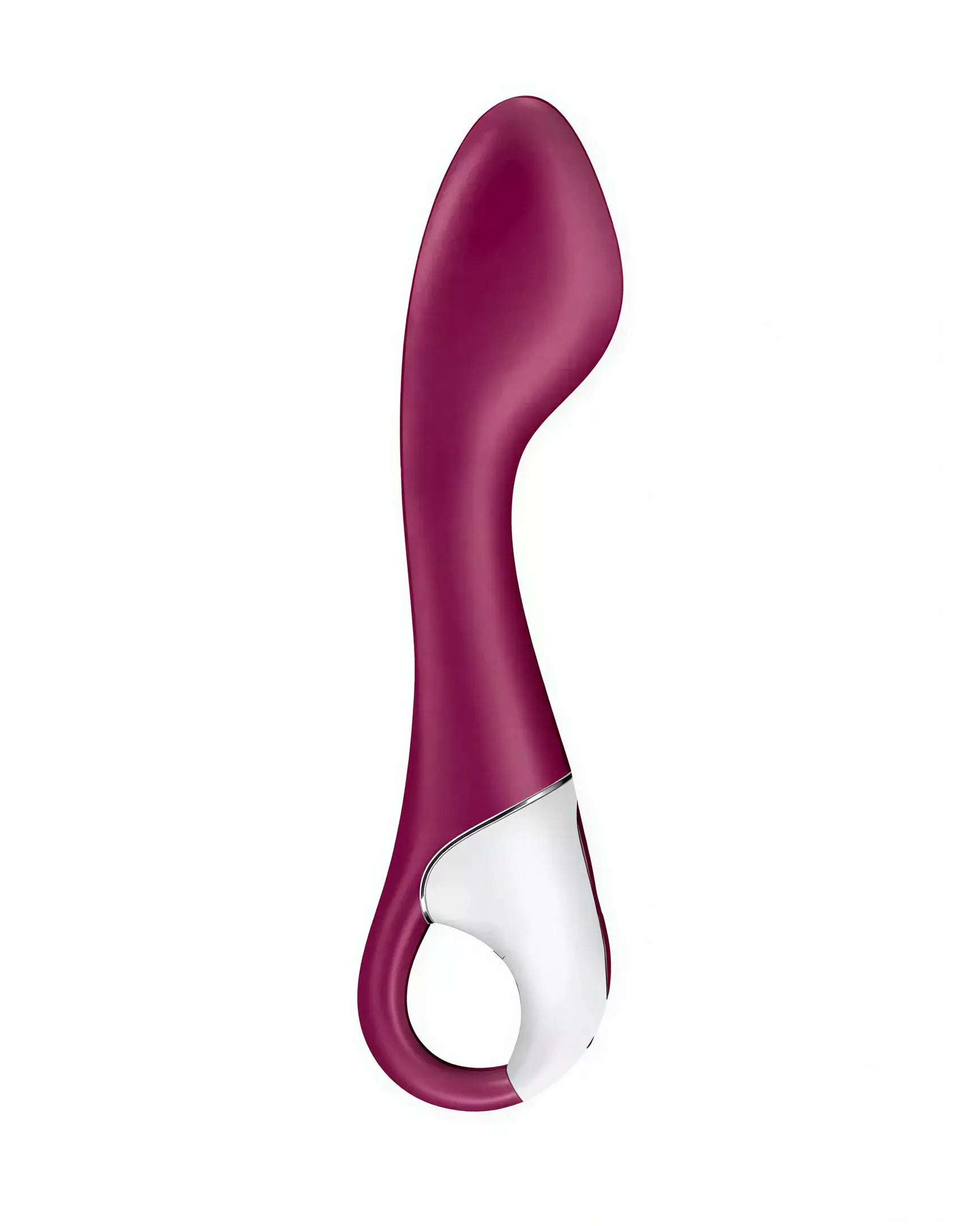 Satisfyer Hot Spot in deep burgundy with a curved design and a white base, featuring a handle for easy grip.