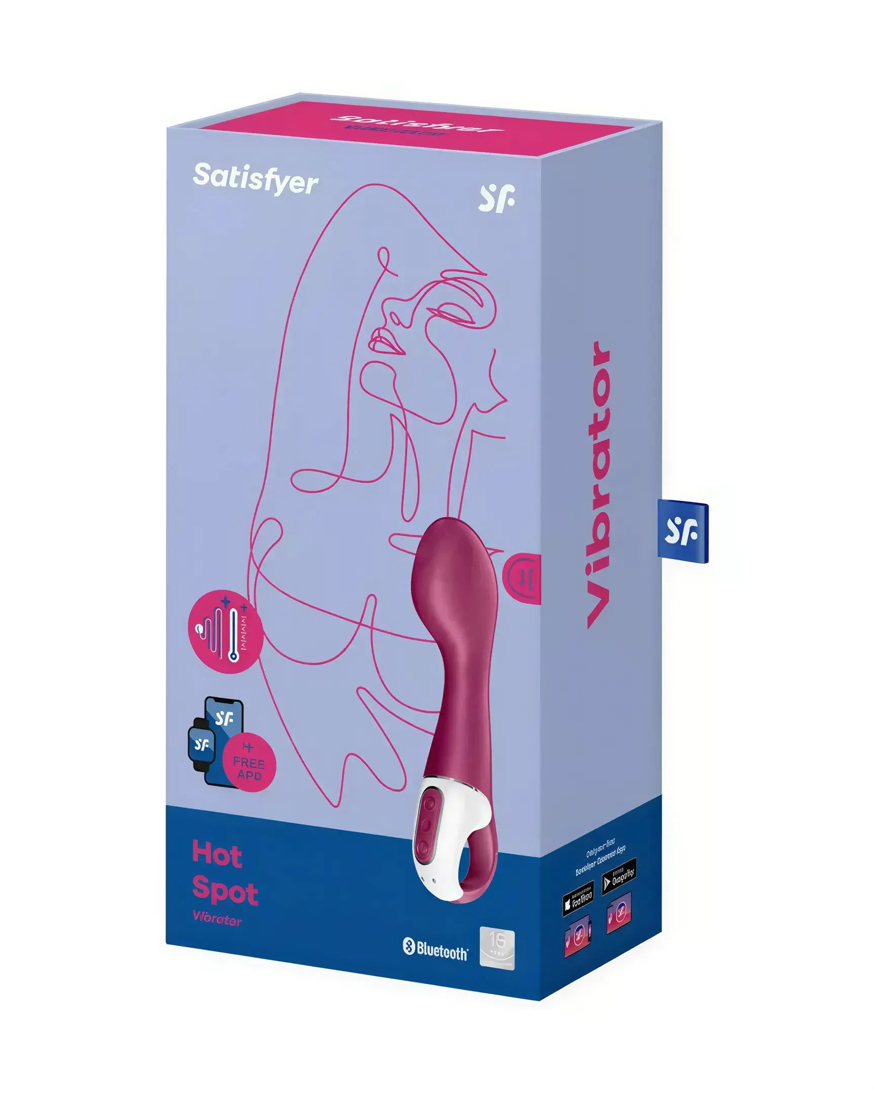 Satisfyer Hot Spot vibrator in a pink and white design, displayed in a colorful box with line art on the front.