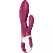 Satisfyer Heated Affair in deep pink with a curved design and dual stimulation features, showing control buttons.