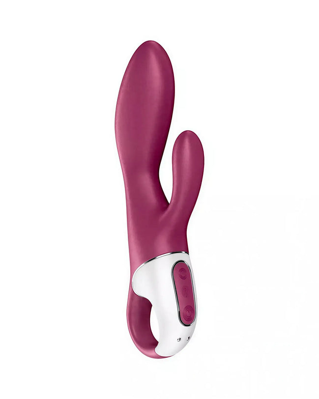 Satisfyer Heated Affair in deep pink with a curved design and dual stimulation features, showing control buttons.