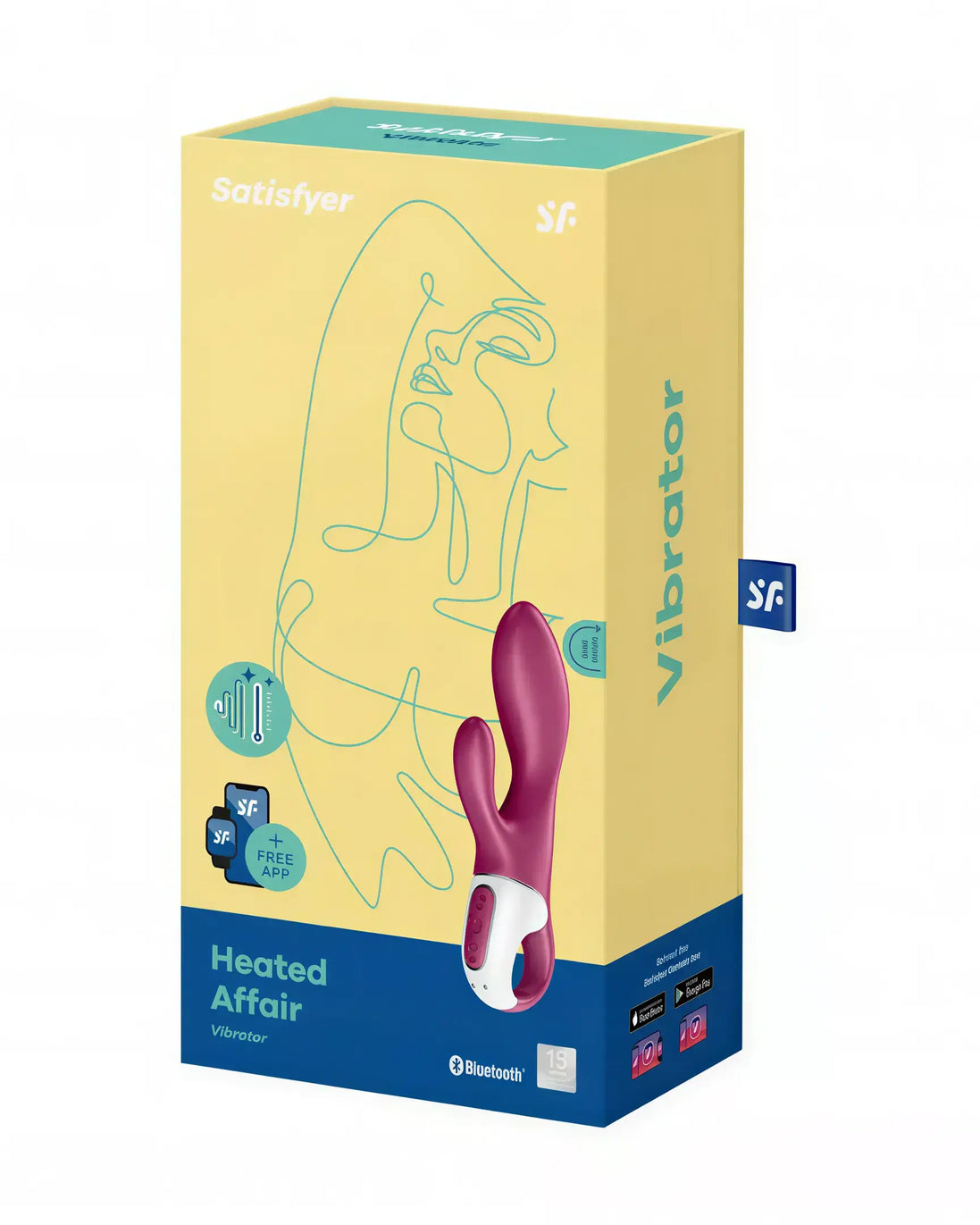 Satisfyer Heated Affair vibrator in a pink and white design, displayed in its colorful packaging with line art.