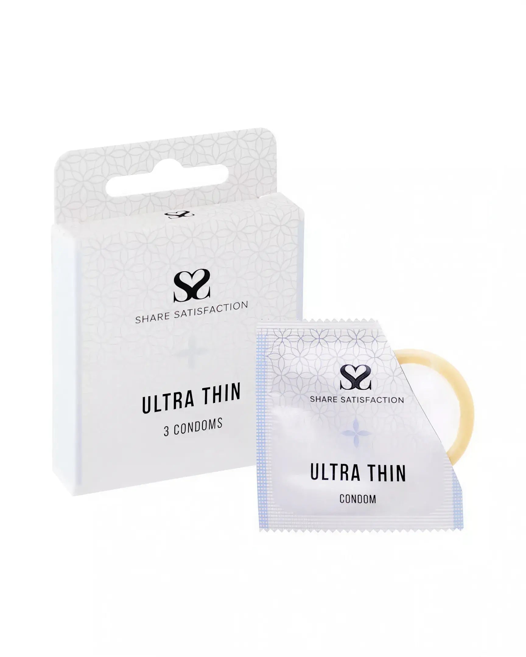 Share Satisfaction ultra thin condoms, three-pack with a white box and individual condom packaging.