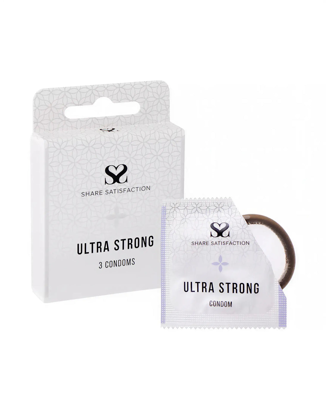 Share Satisfaction Ultra Strong condoms in a 3-pack with a white box and individual foil wrappers.