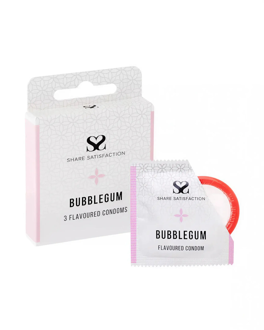Share Satisfaction bubblegum flavoured condoms, three-pack with a pink and white box and a single red condom wrapper.