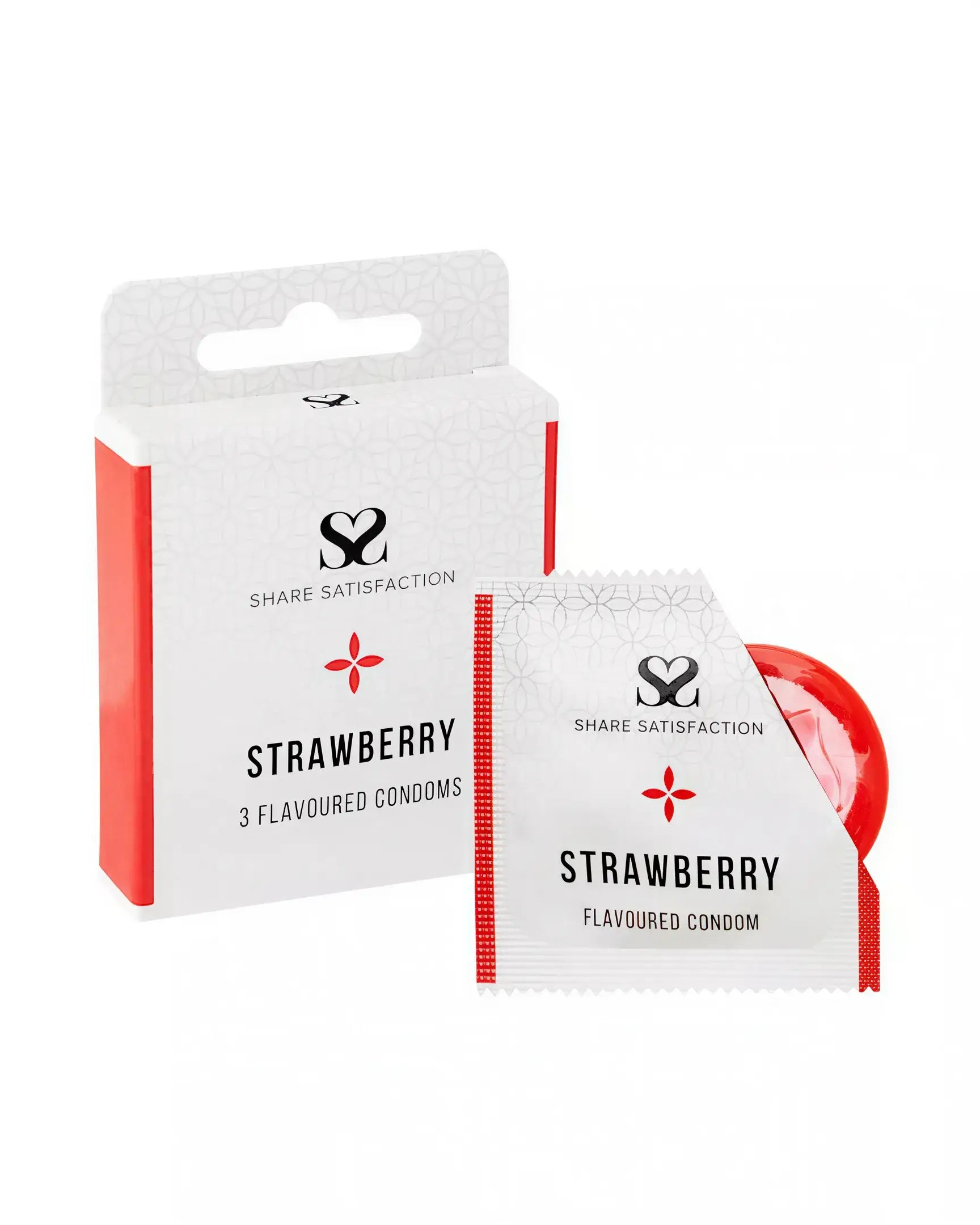 Share Satisfaction strawberry flavoured condoms in a three-pack, featuring a red and white box with individual wrappers.