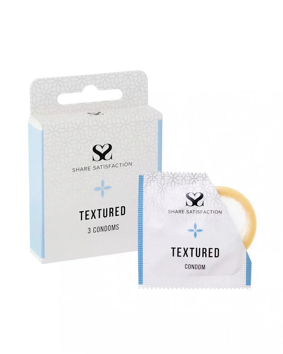 Share Satisfaction textured condoms in a three-pack with a blue and white box and individual sealed wrappers.