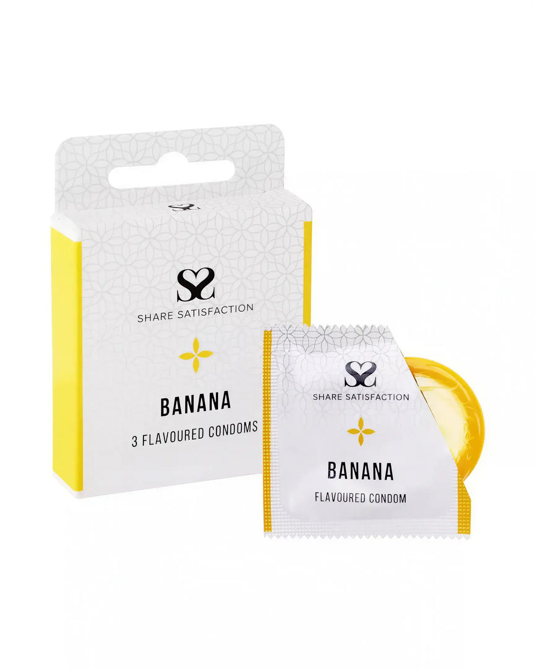Share Satisfaction banana flavoured condoms in a three-pack, featuring a yellow box and individual wrapper.