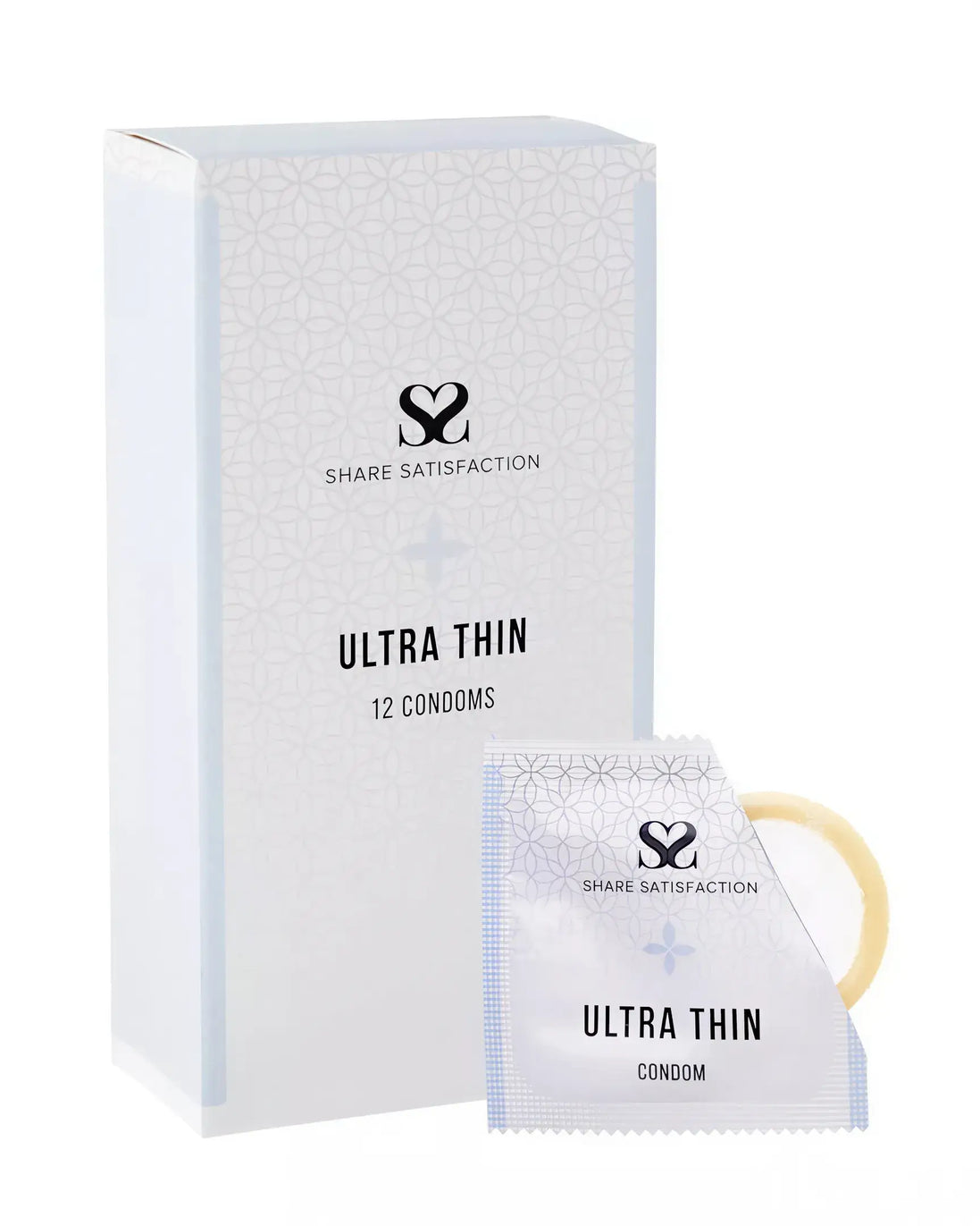 Share Satisfaction ultra thin condoms 12 pack with a light blue box and individual condom packaging visible.