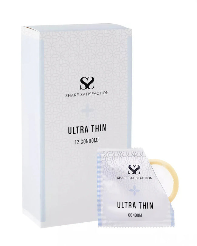 Share Satisfaction ultra thin condoms 12 pack with a light blue box and individual condom packaging visible.