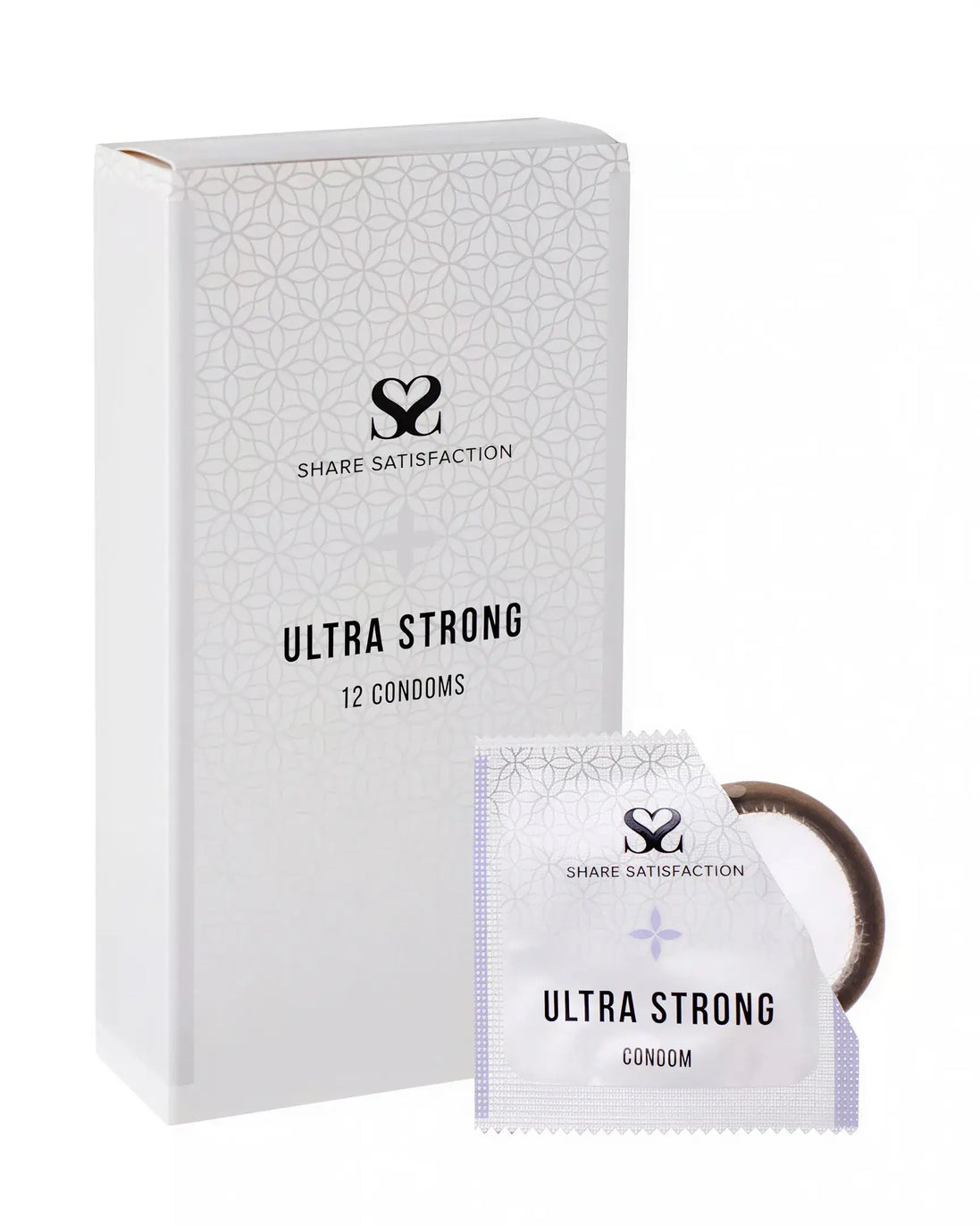 Share Satisfaction Ultra Strong condoms in a 12 pack with a white box and individual condom wrapper displayed.