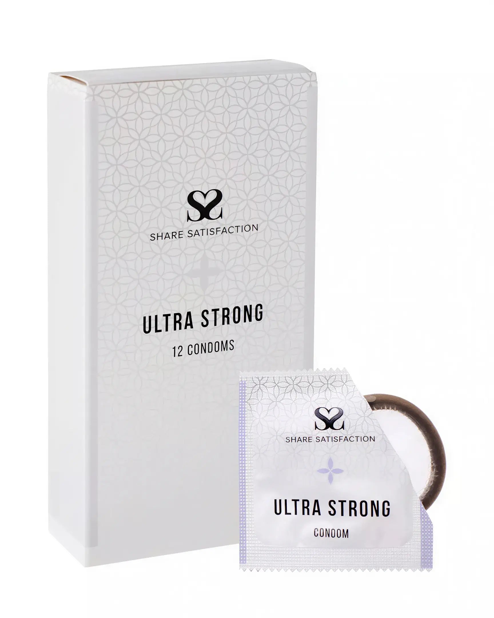 Share Satisfaction Ultra Strong condoms in a 12 pack with a white box and individual condom wrapper displayed.