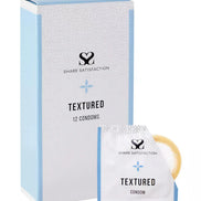 Share Satisfaction textured condoms 12 pack with a blue and white box and individual condom packaging visible.