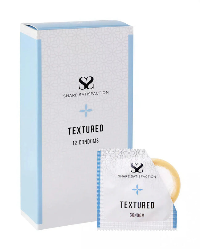 Share Satisfaction textured condoms 12 pack with a blue and white box and individual condom packaging visible.