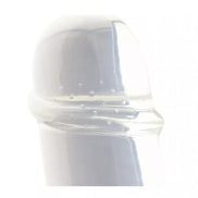 Share Satisfaction textured condom with a clear, ribbed design, showing the tip and surface details.