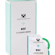 Share Satisfaction mint flavoured condoms, 12 pack, featuring a light blue box and a green wrapped condom.