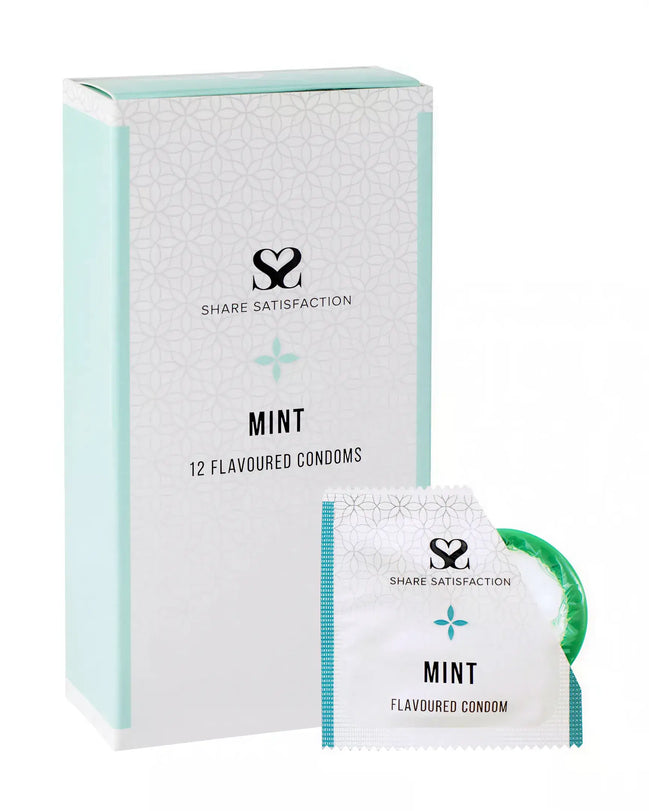 Share Satisfaction mint flavoured condoms, 12 pack, featuring a light blue box and a green wrapped condom.