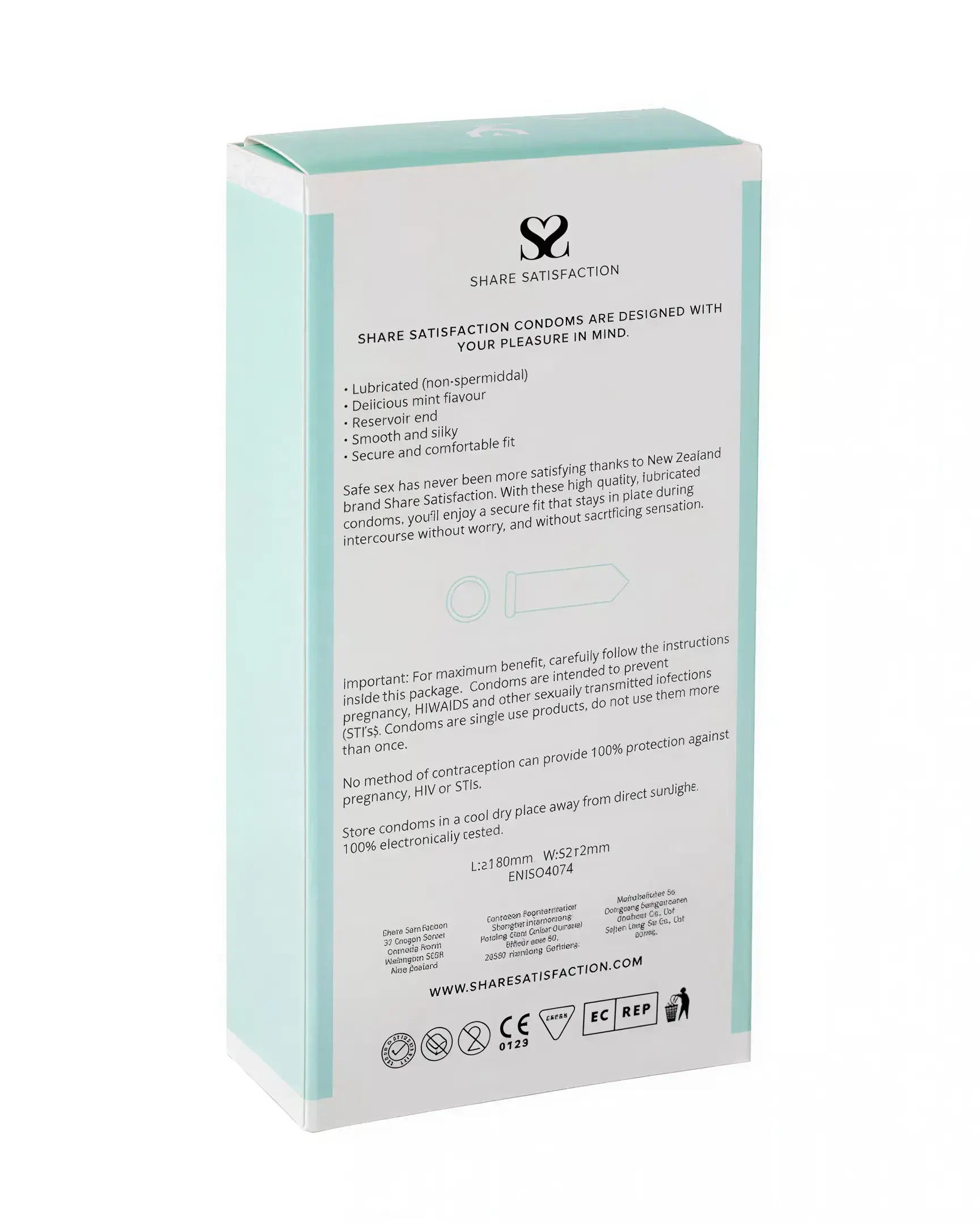 Share Satisfaction mint-flavored condoms, 12 pack, featuring a light blue box with product details and usage instructions.