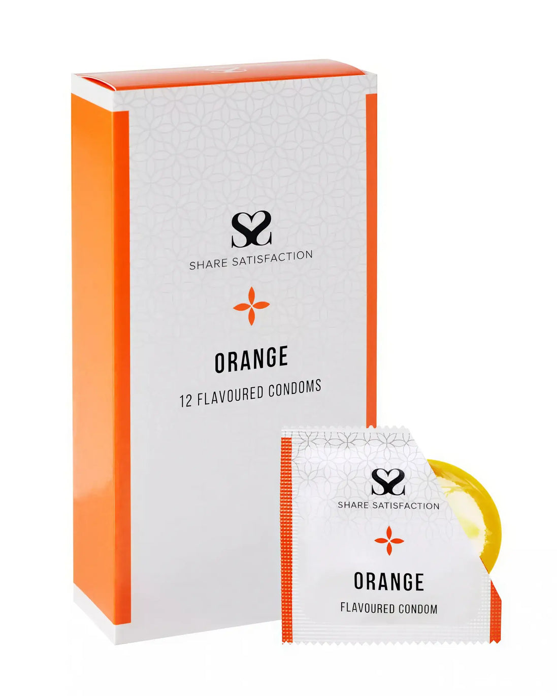 Share Satisfaction orange flavoured condoms, 12 pack, featuring a bright orange box with a white design and logo.