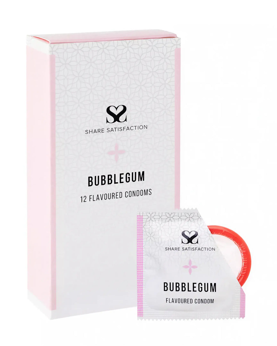 Share Satisfaction bubblegum flavoured condoms, 12 pack, featuring a pink box and a single condom wrapper.