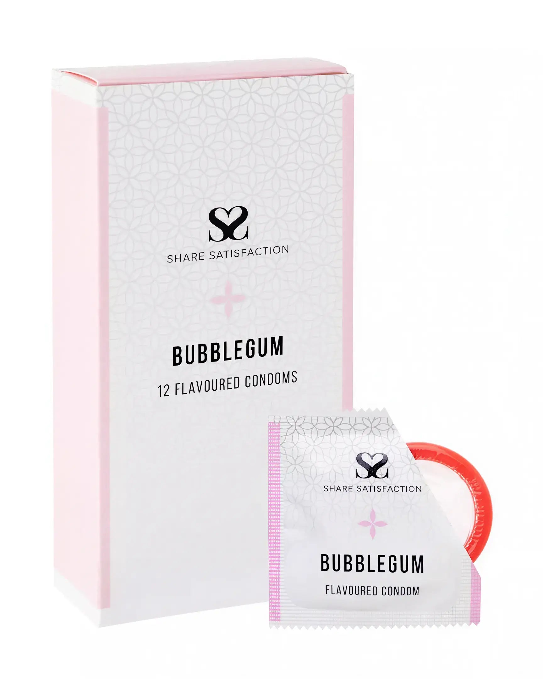 Share Satisfaction bubblegum flavoured condoms, 12 pack, featuring a pink box and a single condom wrapper.