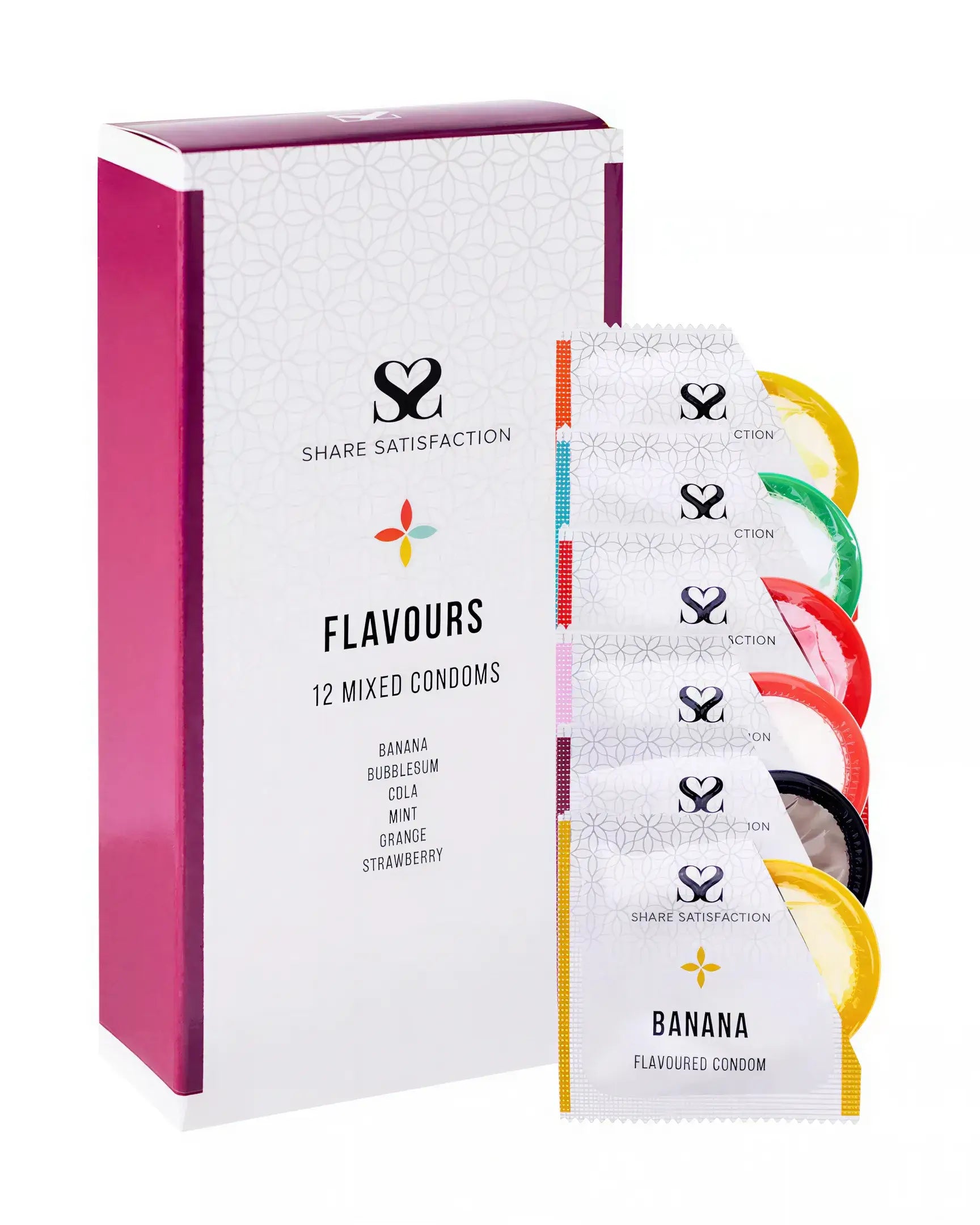 Share Satisfaction flavoured condoms mixed 12 pack with banana, bubblegum, cola, mint, orange, and strawberry varieties.