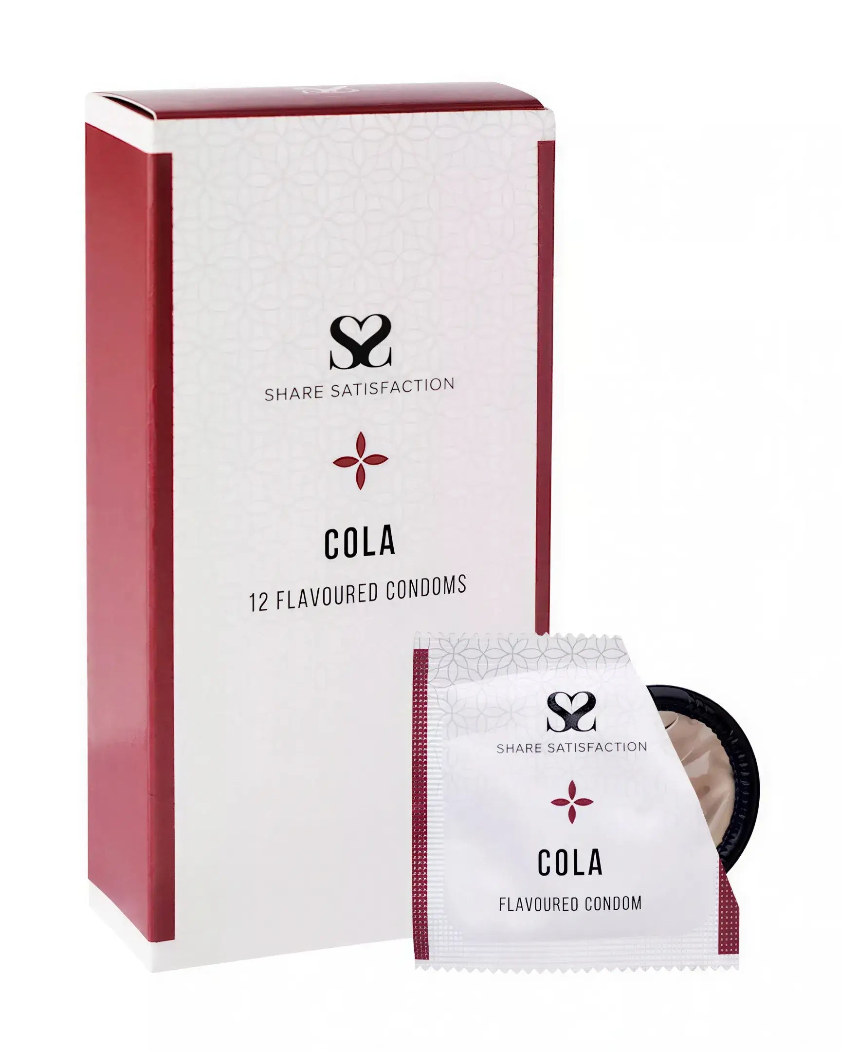 Share Satisfaction Cola flavoured condoms in a 12 pack with a red and white box design and individual wrapper.
