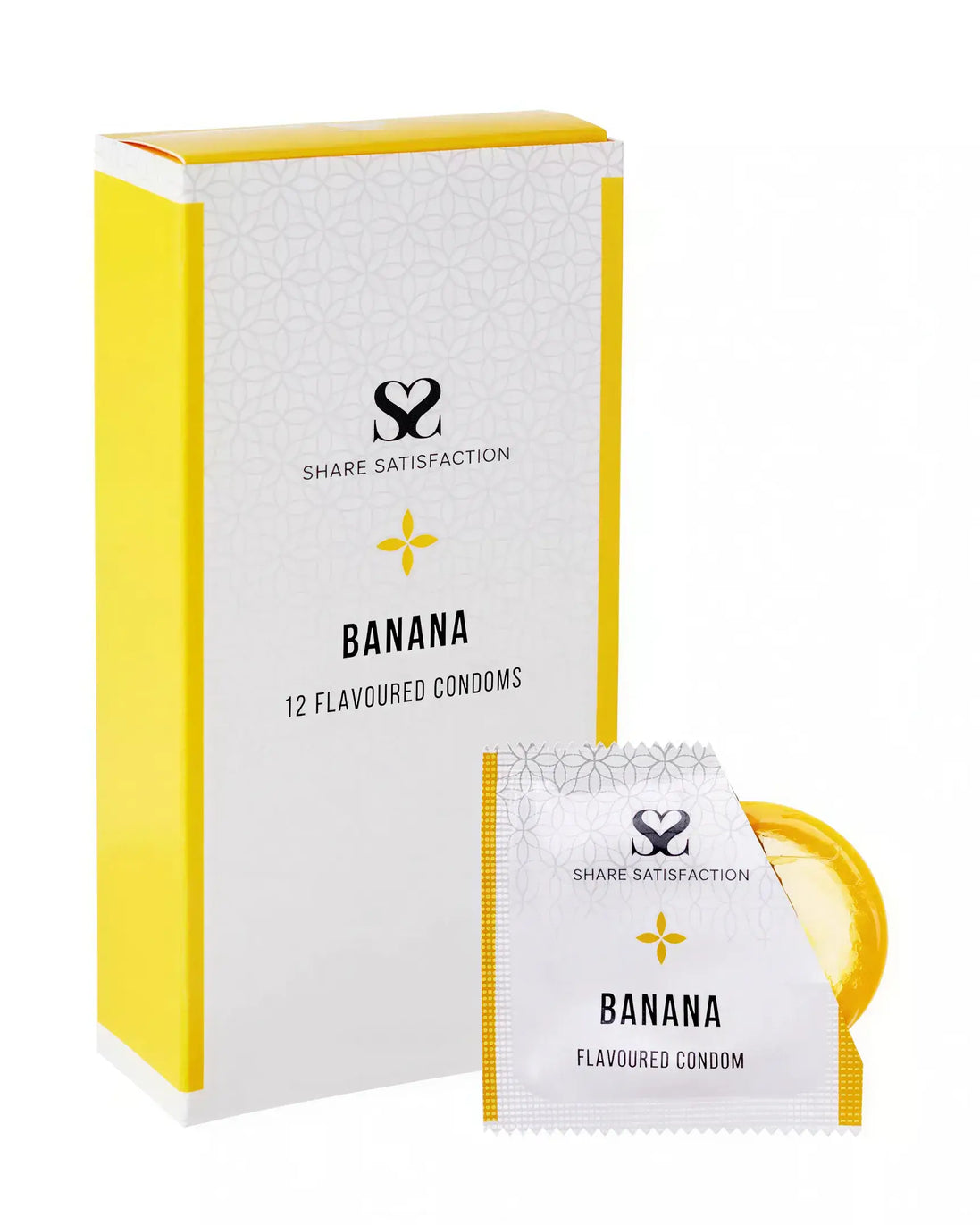 Share Satisfaction banana-flavored condoms in a yellow box, featuring 12 individual packets.