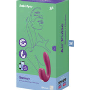 Satisfyer Sunray vibrator in a purple and green box with line art design and product details on the packaging.
