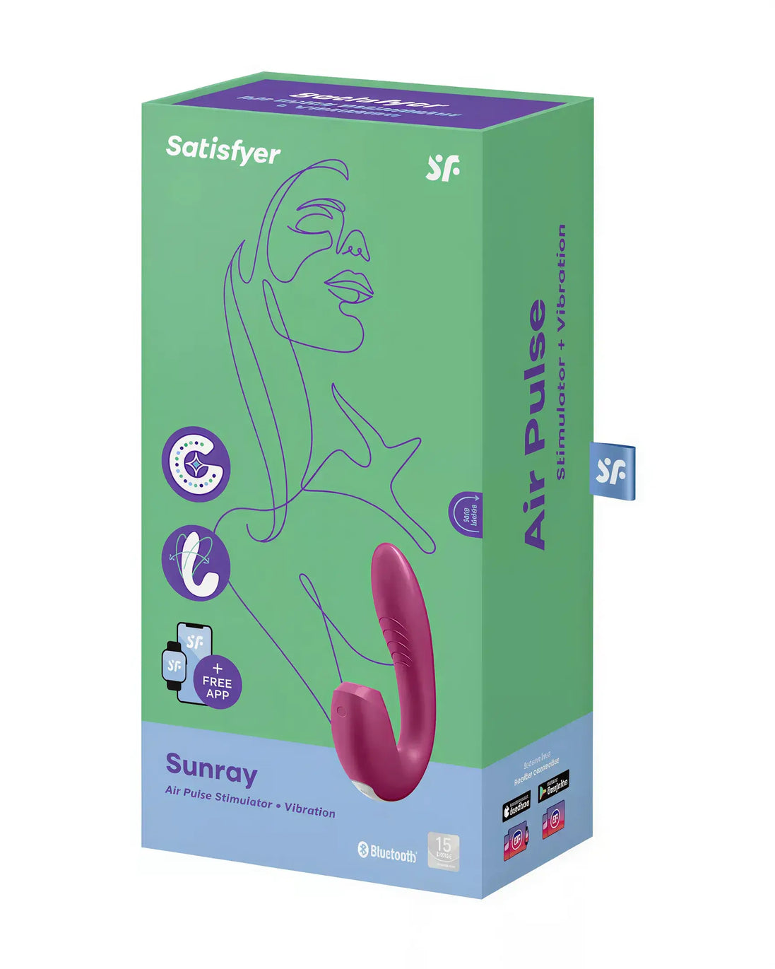Satisfyer Sunray vibrator in a purple and green box with line art design and product details on the packaging.