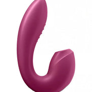 Satisfyer Sunray vibrator in a curved, ergonomic design with a deep purple finish.