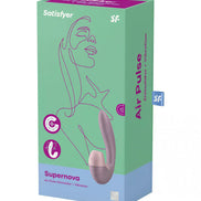 Satisfyer Supernova vibrator in a green and purple box, featuring air pulse and vibration stimulation icons.